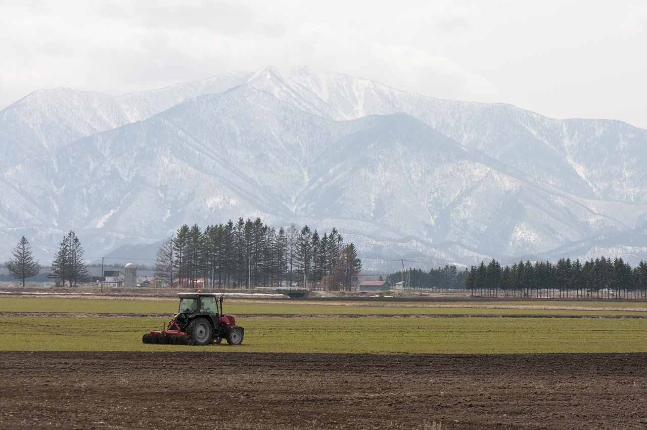 北海道の春の畑とトラクター